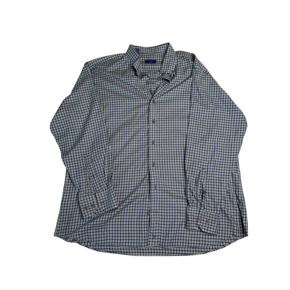David Donahue Mens XXL Navy Blue Tan Plaid Cotton Button Down Shirt Long Sleeve